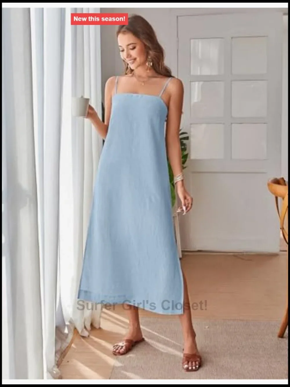 100% Linen Midi Dress Square Neck Sleeveless Spaghetti Strap Relaxed Fit Summer